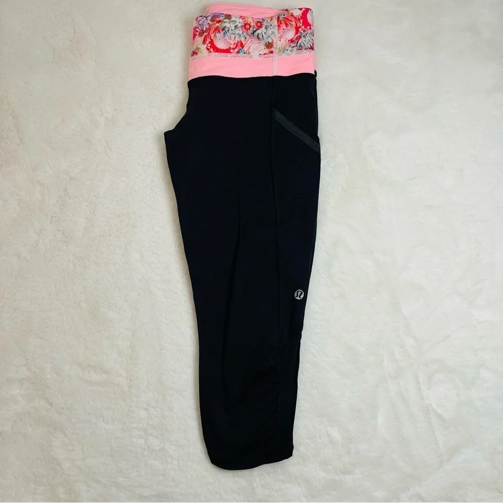 lululemon Cropped Black and Pink Floral Waistband Leggings